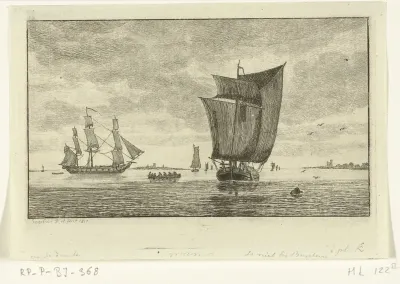 Riviergezicht met zeilschepen en een roeiboot met zeven personen