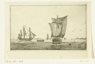 Riviergezicht met zeilschepen en een roeiboot met zeven personen