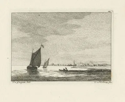 Riviergezicht met zeilschepen en een sloep