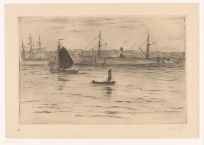 Riviergezicht met zeilschepen en een stoomschip