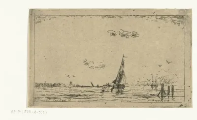 Riviergezicht met zeilschip