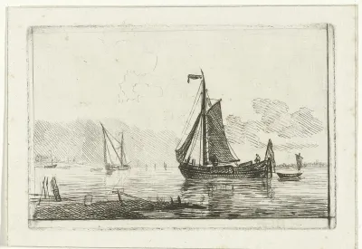 Riviergezicht met zeilschip