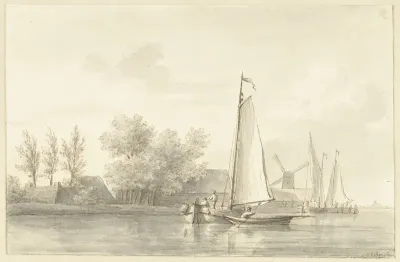 Riviergezicht met zeilschip en roeiboot