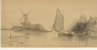 Riviergezicht met zeilschip