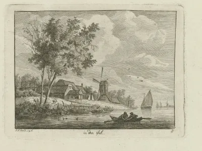 Riviergezicht op de IJssel met molen en boerderij op oever