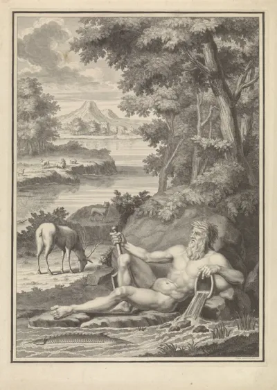 Riviergod in een landschap met dieren