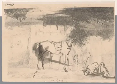 Rivierlandschap en twee paarden met knecht in de stal