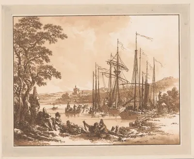 Rivierlandschap met aanleggende schepen en soldaten aan de kant
