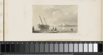 Rivierlandschap met afgemeerd zeilschip