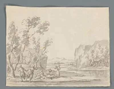 Rivierlandschap met bacchanaal