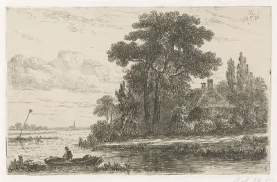 Rivierlandschap met baken