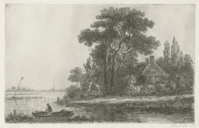 Rivierlandschap met baken