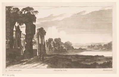 Rivierlandschap met begroeide ruïnes