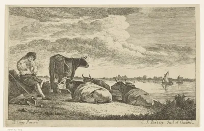 Rivierlandschap met boer en koeien op oever