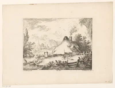 Rivierlandschap met boerderij aan het water