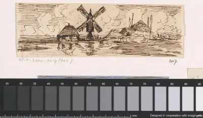 Rivierlandschap met boerderij, molen en hooischuur