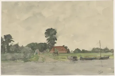 Rivierlandschap met boerderij