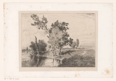 Rivierlandschap met bomen en een zandpad langs de oever