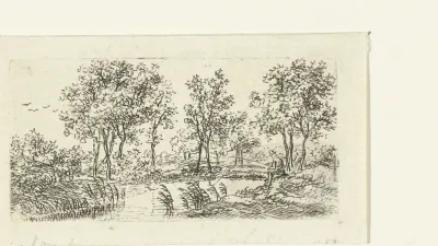 Rivierlandschap met bomen en visser