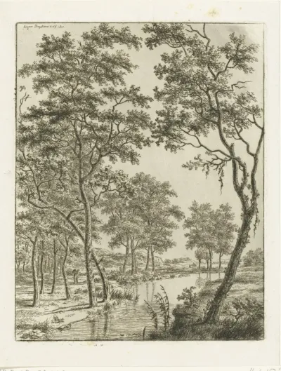 Rivierlandschap met bomen, in de verte twee ruiters