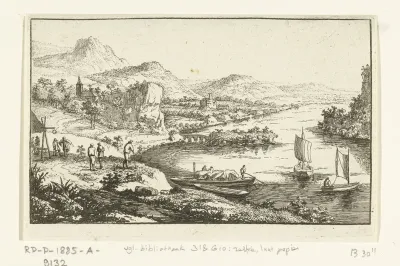 Rivierlandschap met brug en eiland