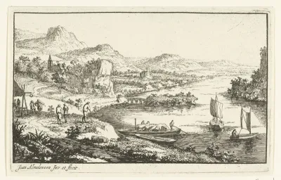 Rivierlandschap met brug en eiland