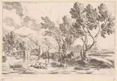 Rivierlandschap met brug en vissers