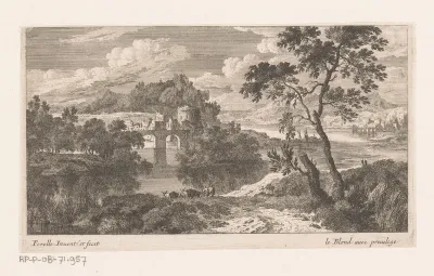 Rivierlandschap met brug met twee bogen