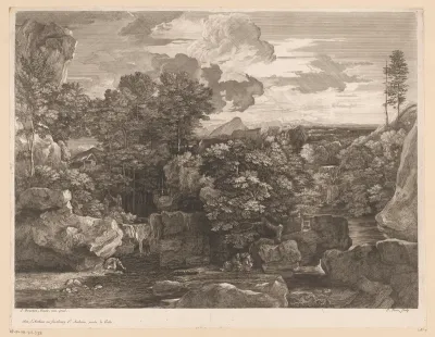 Rivierlandschap met cascades en enkele monniken