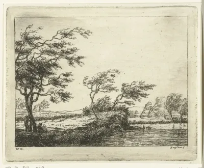 Rivierlandschap met door storm gebogen bomen