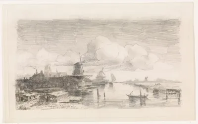 Rivierlandschap met dorp en houtzaagmolen