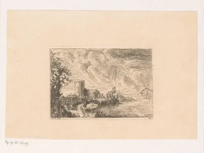 Rivierlandschap met dorp en toren