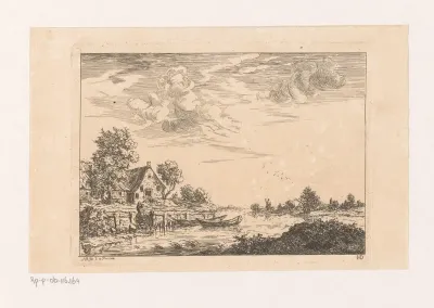Rivierlandschap met dorp en twee aangemeerde boten