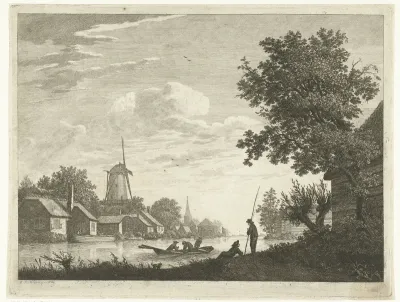 Rivierlandschap met dorp met molen aan het water