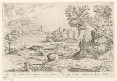 Rivierlandschap met dorp op achtergrond