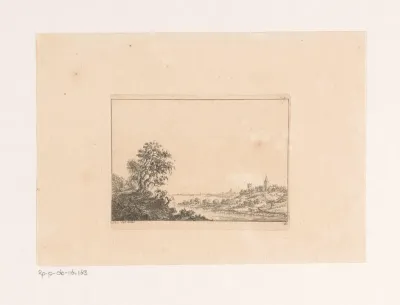 Rivierlandschap met dorp op de achtergrond