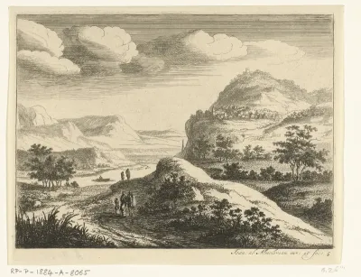Rivierlandschap met dorp op een heuvel
