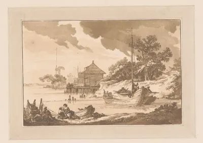 Rivierlandschap met drie boten en een huis op een steiger