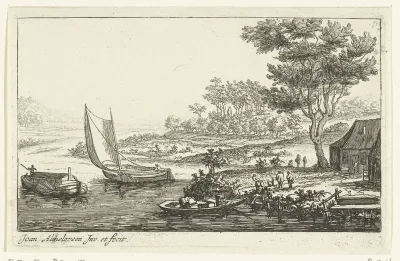 Rivierlandschap met drie boten