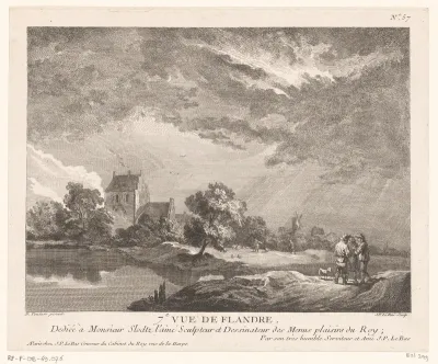 Rivierlandschap met drie figuren en een hond
