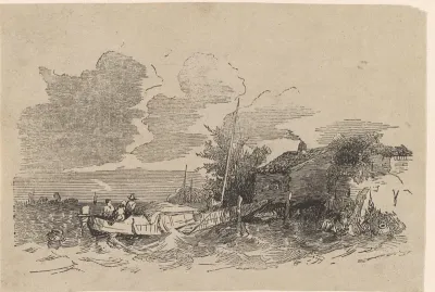 Rivierlandschap met drie figuren in een schip en een huis aan het water