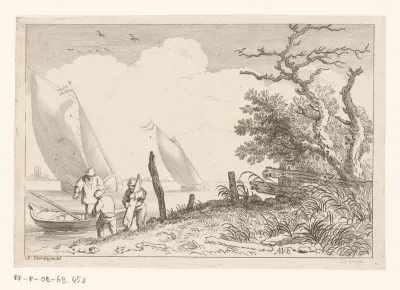 Rivierlandschap met drie mannen bij een roeiboot