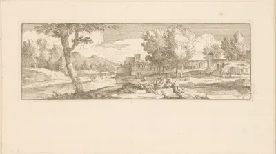 Rivierlandschap met drie rustende figuren