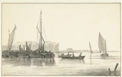 Rivierlandschap met een aanlegsteiger met boten