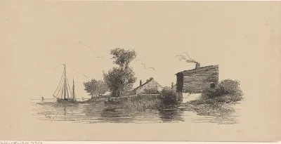 Rivierlandschap met een aantal huizen en schepen