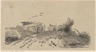 Rivierlandschap met een aantal huizen, twee figuren en een boot