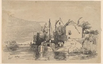 Rivierlandschap met een aantal schepen en huizen aan het water