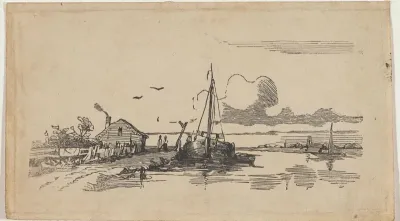Rivierlandschap met een boot en een woning