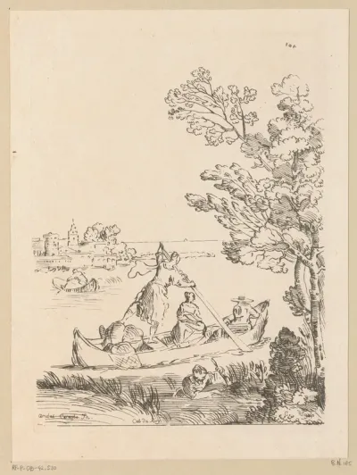 Rivierlandschap met een boot geroeid door een vrouw