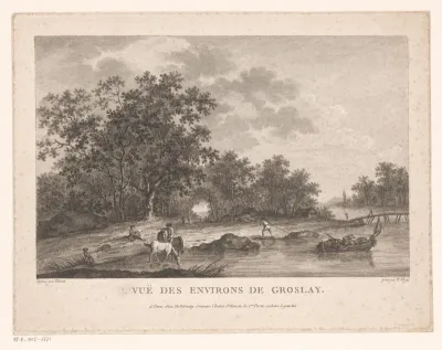 Rivierlandschap met een brug en figuren langs de waterkant